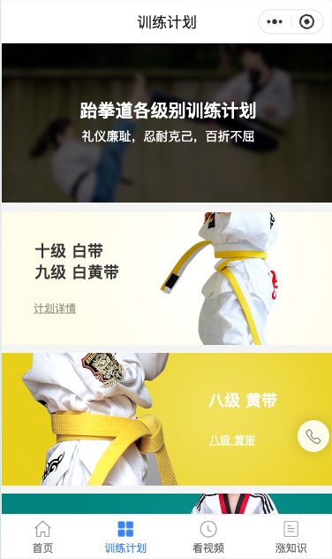 跆拳道小程序按白带黄带等不同级别展示训练计划