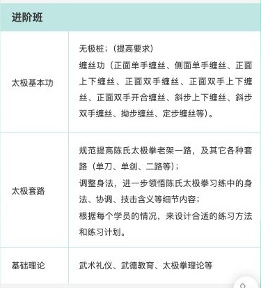 进阶班模块沿用基本功、套路和基础理论三行结构并展示更详细说明