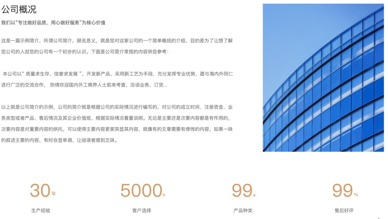 公司概况模块左侧为示例简介,右侧为建筑图,下方列出生产经验、客户选择、产品种类和售后好评