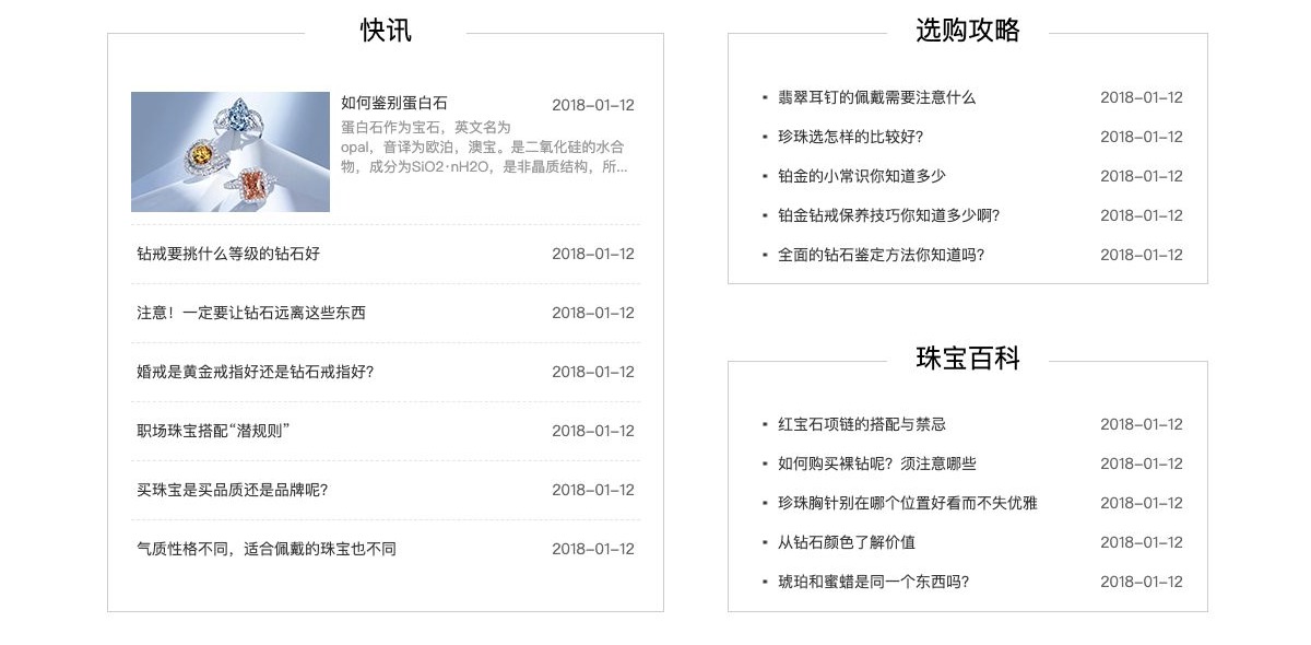珠宝模板首页快讯、选购攻略和珠宝百科三个文章列表及示例日期