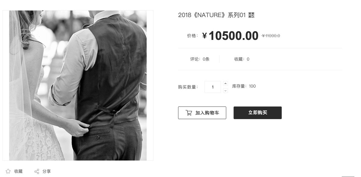 NATURE系列01商品详情页中的摄影图片、名称、演示价格、购买数量、库存及购买入口
