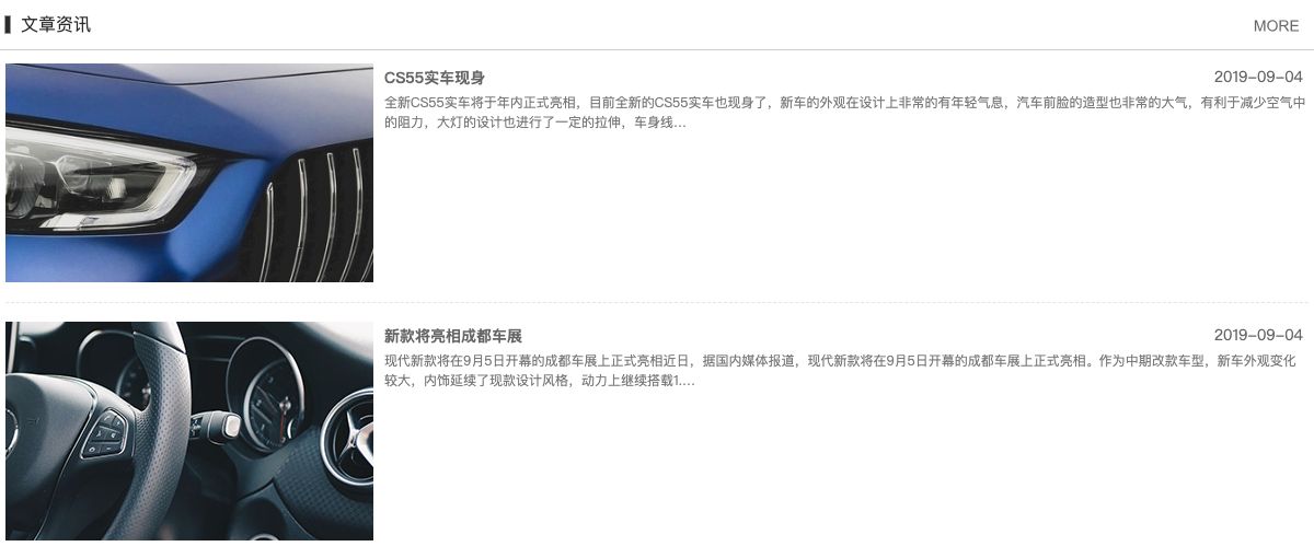 文章资讯栏目用横向列表排列两条演示稿件,左侧缩略图、右侧标题摘要,日期显示在每行右侧