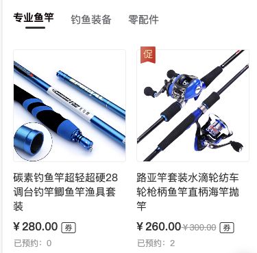 专业鱼竿标签选中时的两列商品卡，顶部并列钓鱼装备和零配件入口