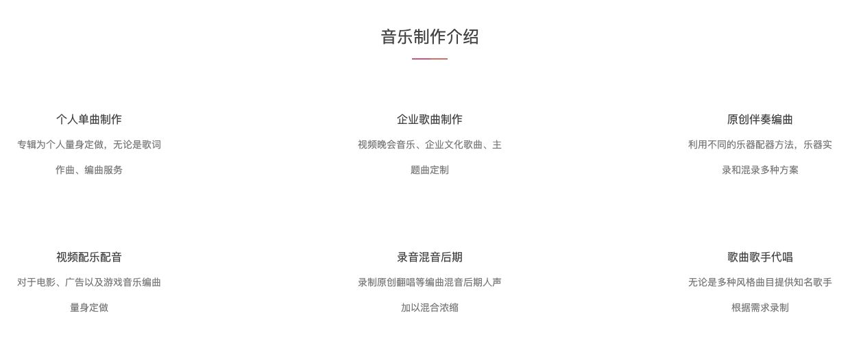 音乐制作介绍区域以三列两行展示个人单曲、企业歌曲、原创伴奏、视频配乐、录音混音及代唱六类服务