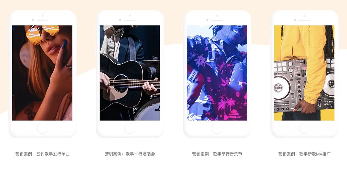 四个手机造型案例从左到右展示单曲发行、演唱会、音乐节及新歌MV推广的演示图片与标签